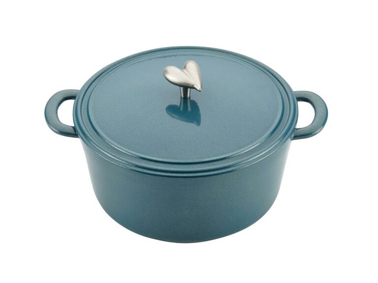 ayesha curry 6 qt enameled cast iron round dutch oven with lid in light grey blue with heart handle