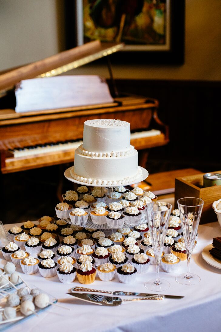 Two-Tiered Buttercream Cake with Mixed Cupcakes