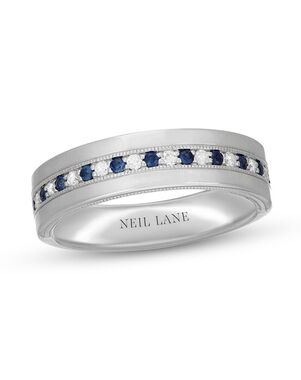 Kay Jewelers Neil Lane Men's Diamond & Blue Sapphire Wedding Band 1/6 ct tw 14K White Gold White Gold Wedding Ring