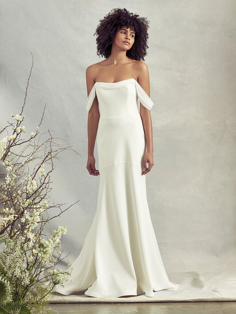 off the shoulder wedding dress silk