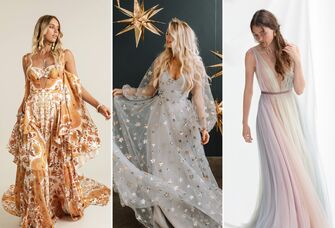 Collage of three nontraditional wedding dresses. 