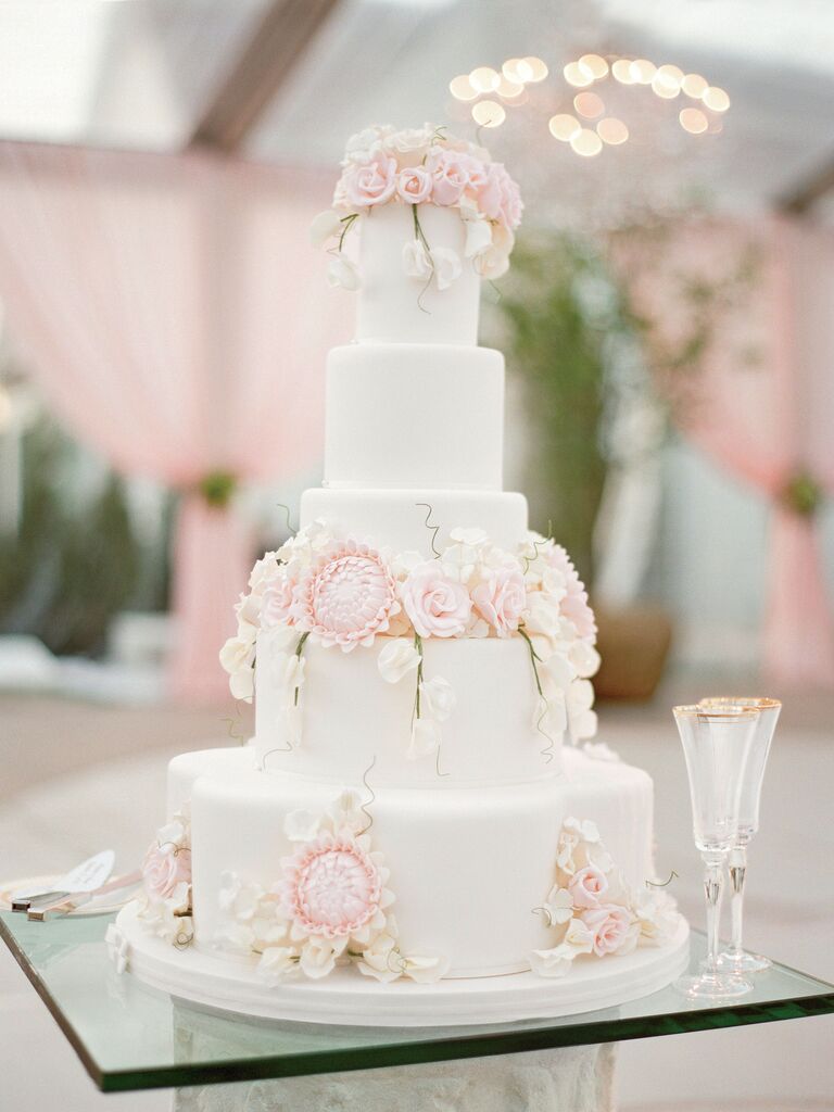 classic five tier fondant wedding cake with blush sugar flowers