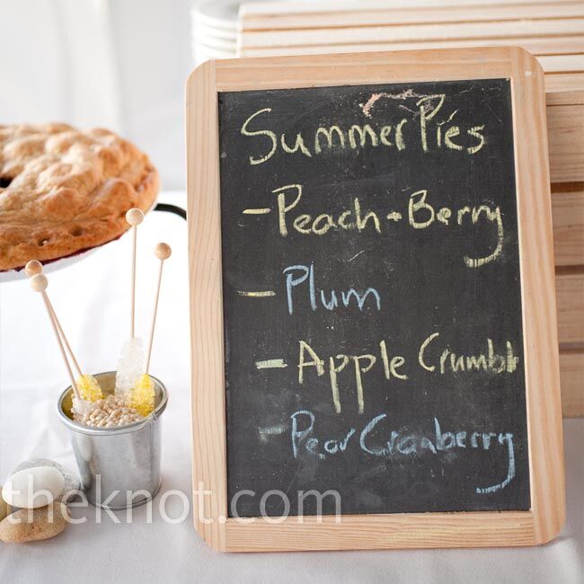Michael loves pie, so in lieu of a wedding cake, the couple chose several different pies including raspberry rhubarb and blackberry plum from a local farm.