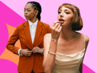 Two people wearing fall hair and makeup looks