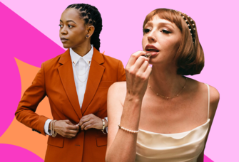 Two people wearing fall hair and makeup looks
