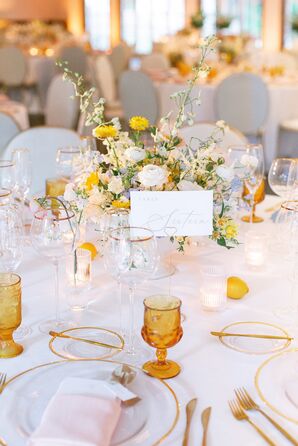 White Linen, Low Centerpiece With White-and-Yellow Flowers, Gold Details, Elegant Table Number