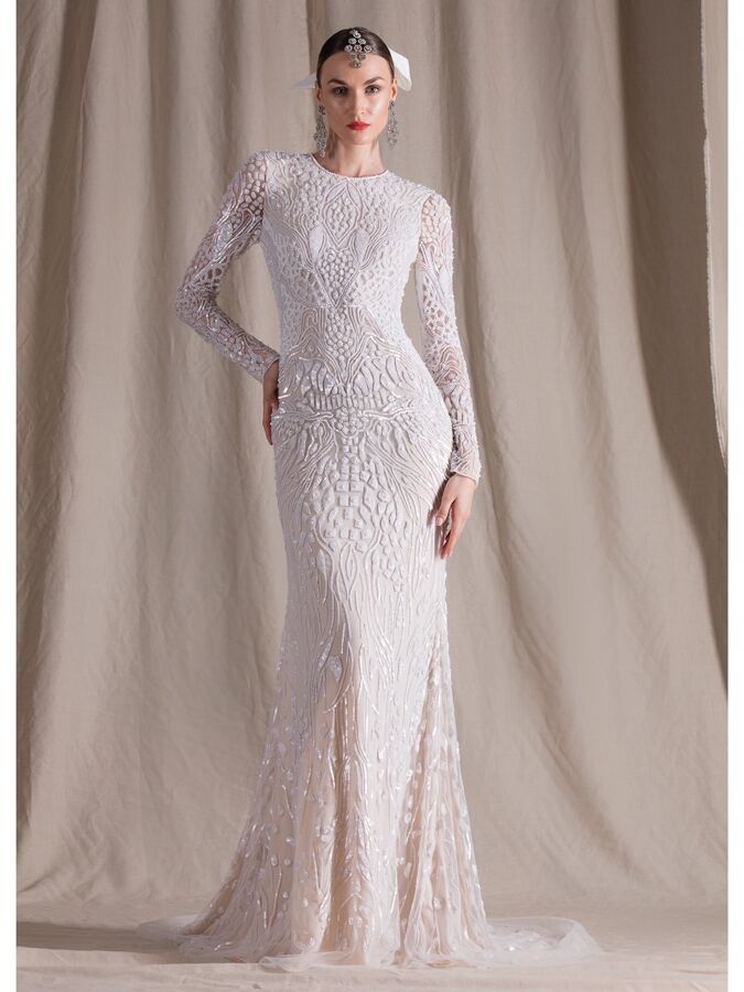 Naeem Khan beaded long sleeve fit-and-flare wedding dress