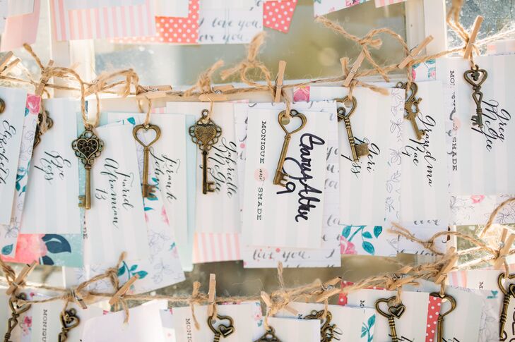 White escort tags had guest names written in black cursive, with a vintage key attached to each. The cards dangled from thin rope, ready for guests to grab and find their seats with.