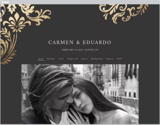 A website with white text on a dark gray background, gold botanical details and a photo of a couple.