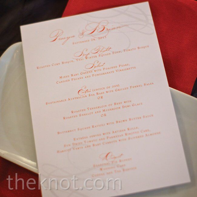 Orange cursive font and a subtle gray swirl pattern dressed up the simple white menu cards.