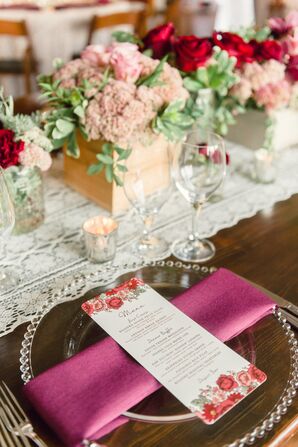 Menu Card with Burgundy Napkin and Beaded Charger