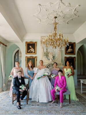 Bride and Bridesmaids, Wedding Party in Regency-Era Portrait Room, Fashion