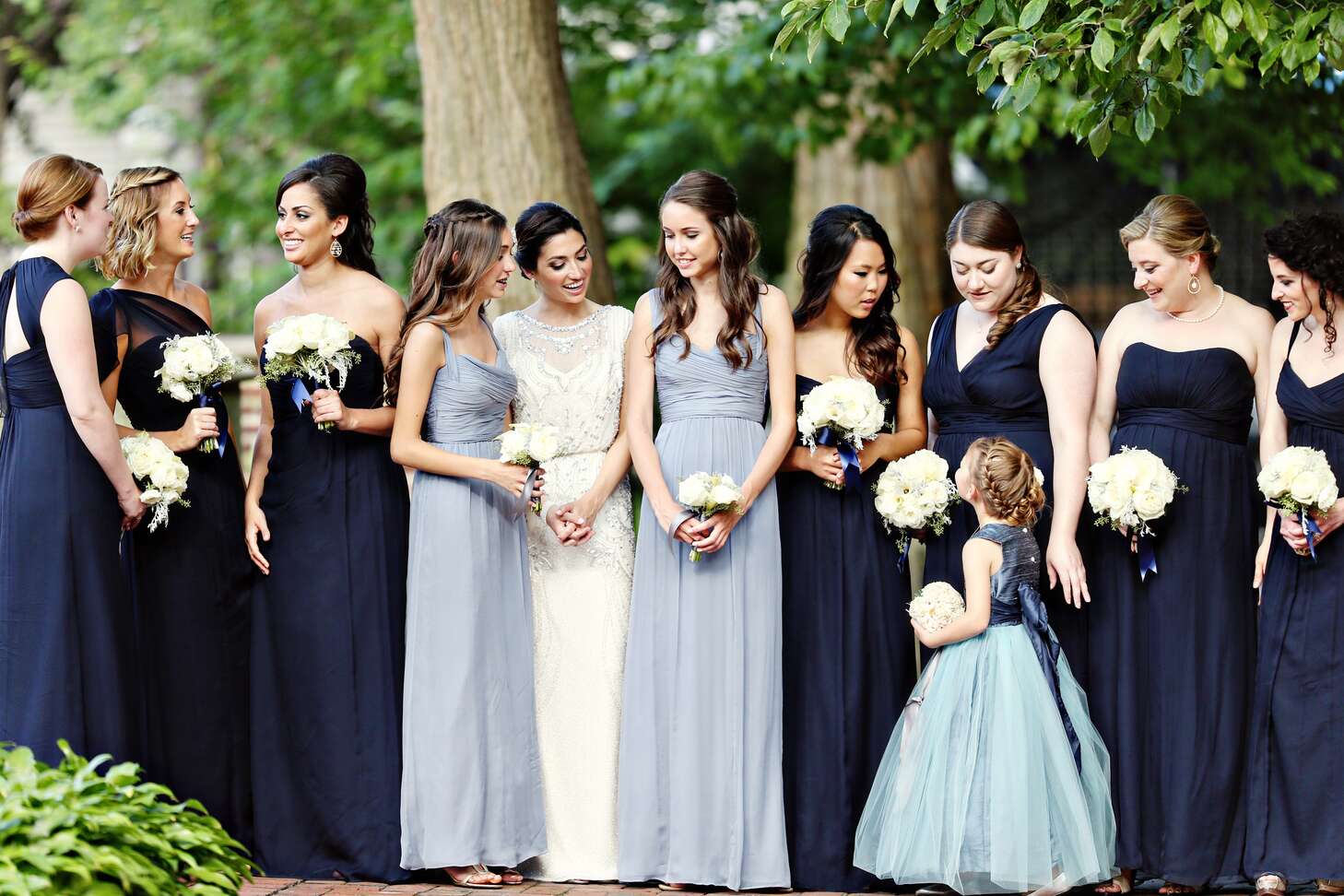 Bride and Bridal Party in Blue and Gray