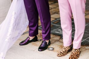 Fashionable Grooms With Unique Shoes, Leopard Print Boots and Purple Iridescent Loafers