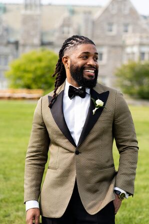 Groom in Bronze Tux for Wedding in Connecticut