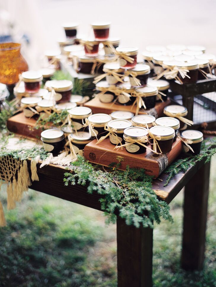 Together with her stepmother, Jenna made homemade jams as a thank-you for the couple’s friends and family members who attended the wedding. The pair made a selection of strawberry-rhubarb, blueberry and blackberry jams, which they placed in customized jars finished with raffia ribbon. “The jams were delicious, and guests loved them,” Jenna says.