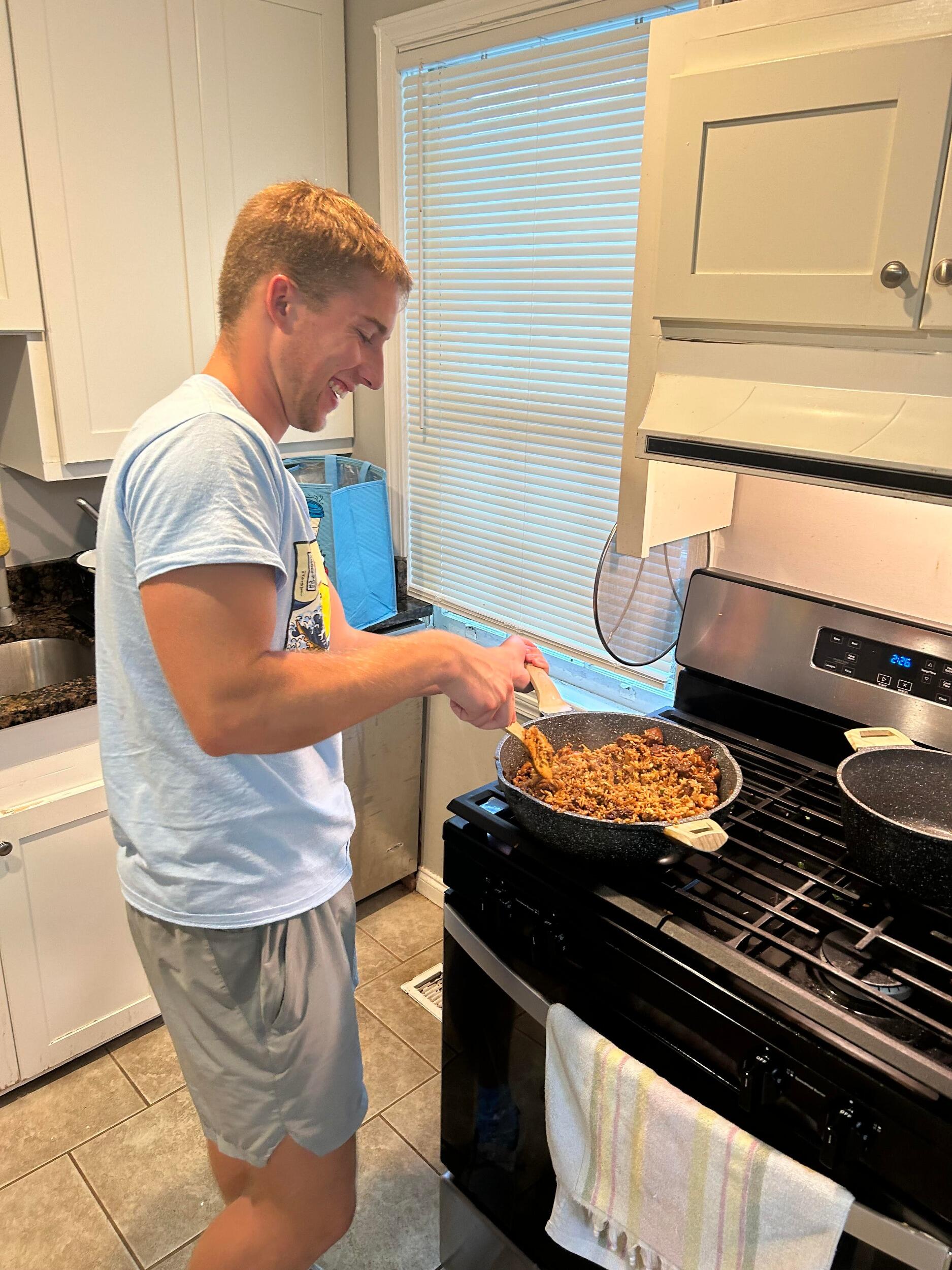 We have spent countless hours cooking in the kitchen together and have begun to perfect our own dishes! Our favorite being Jambalaya. Ethan is the chef and Sam is the sous chef and taste tester. 