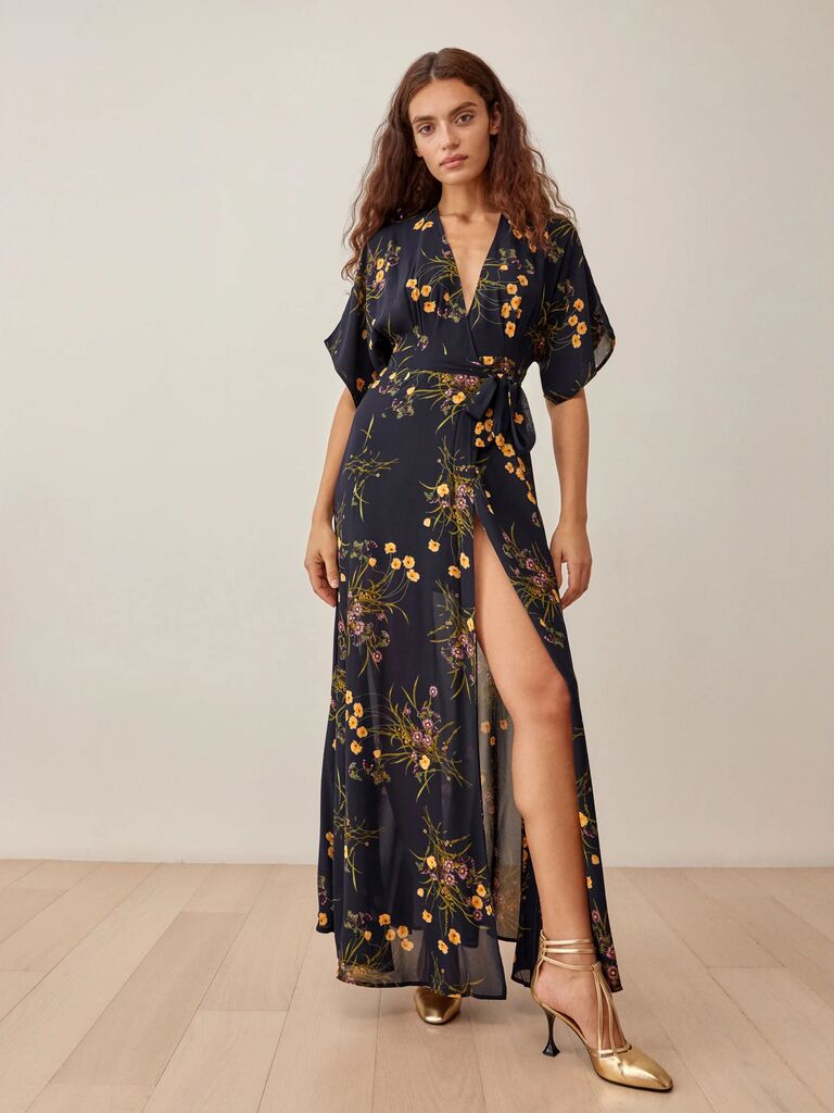 Reformation black floral wedding guest dress for fall black-tie optional weddings