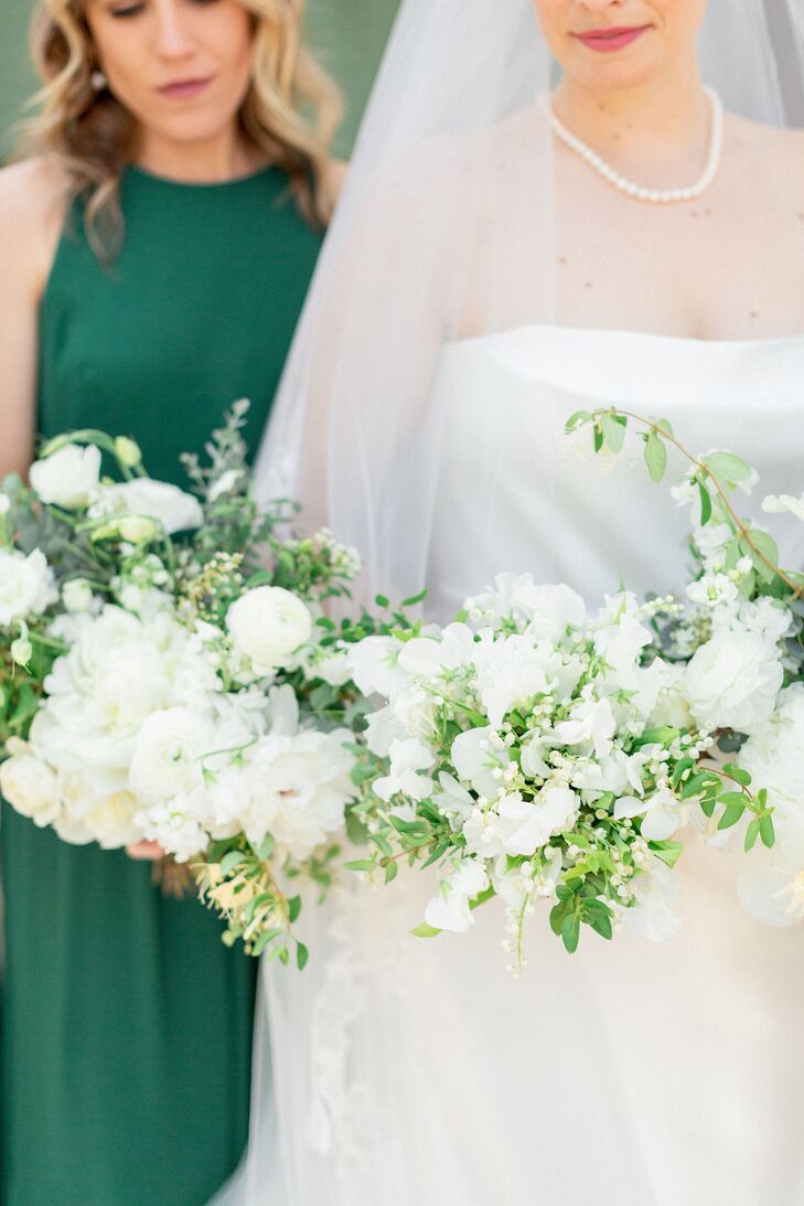 Green-and-White Bouquets With Roses, Lisianthus, Ranunculus and Peonies