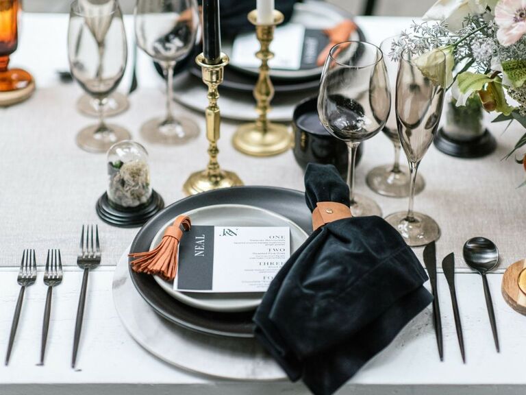 black-and-tan wedding place setting