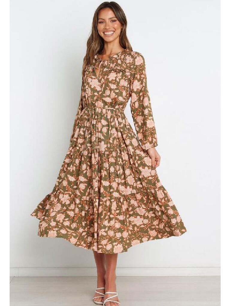 Olive green and pink floral long sleeve maxi dress