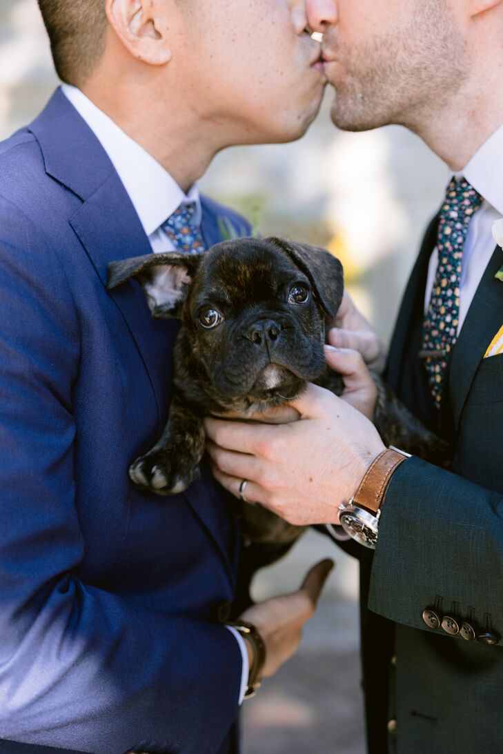 Couple Holding Puppy During Wedding Portraits
