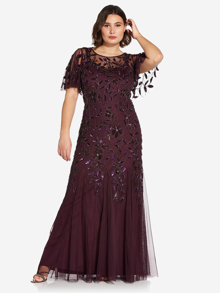 Flowy burgundy full length gown with tulle and beaded floral detail