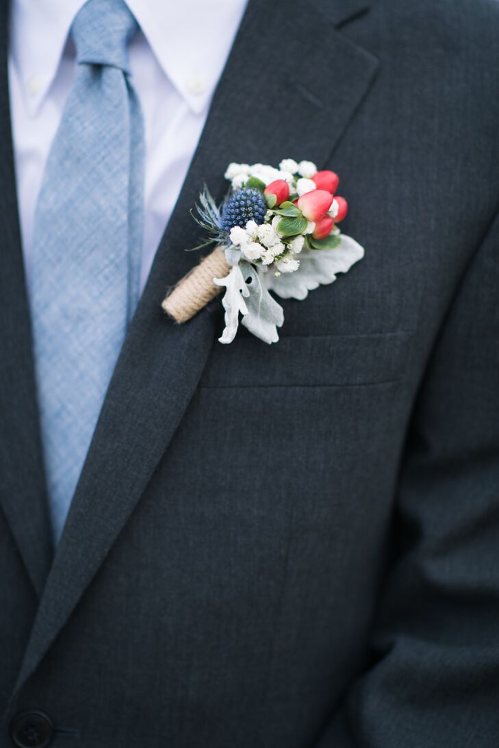 Dusty Blue Groom's Tie with Thistle and Berry Boutonniere