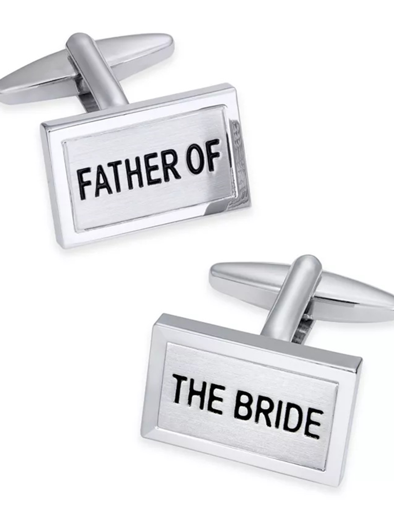 Rectangle silver cuff links with 'Father of' 'The bride' in black type