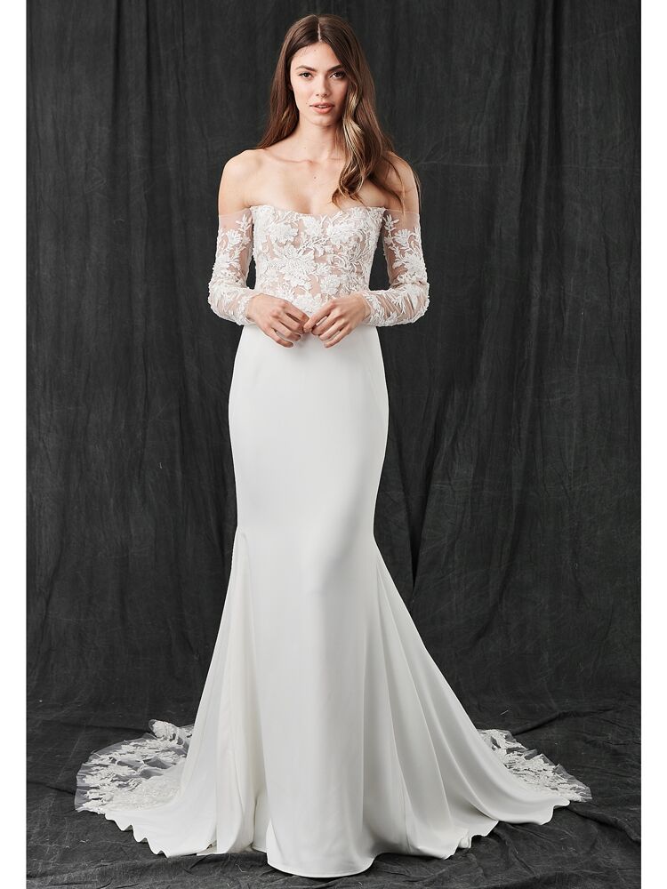 Kelly Faetanini crepe fit-and-flare wedding dress with lace bodice