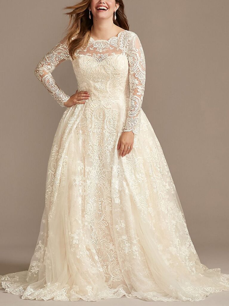 Oleg Cassini long-sleeve lace beaded plus-size ball gown wedding dress
