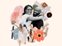 Couple hugging each other and smiling surrounded by wedding decor themes 