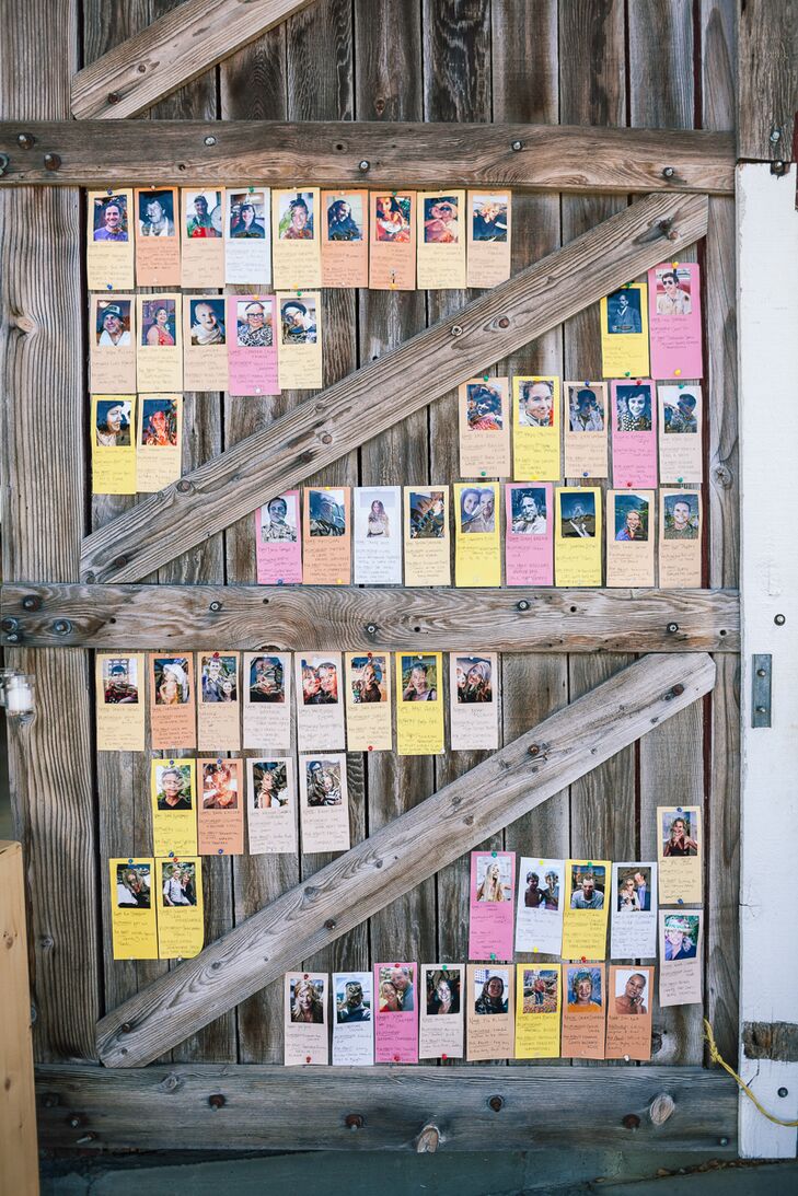The couple wanted to pay tribute to those who attended their wedding, as well as make it easy for guests to figure out more information about others who attended the wedding. They created colorful cards with photos of guests and wrote fun facts about them, then arranged the cards on the wooden doors of the barn where the reception was held.