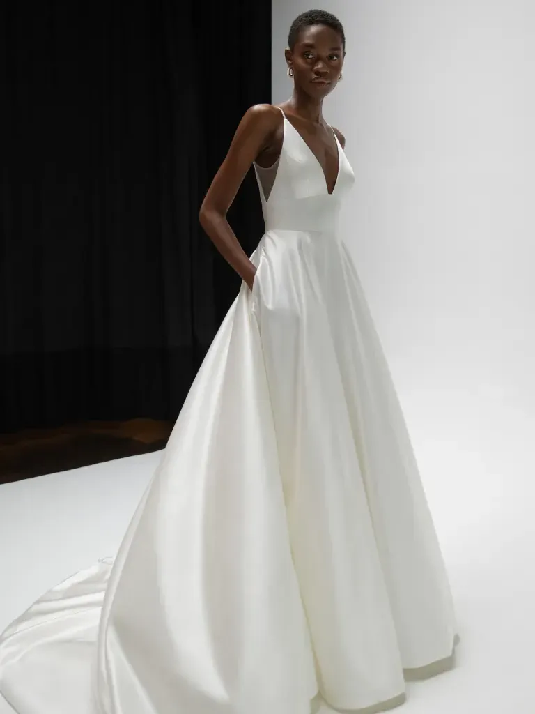 satin a-line gown with illusion cutouts and v neck