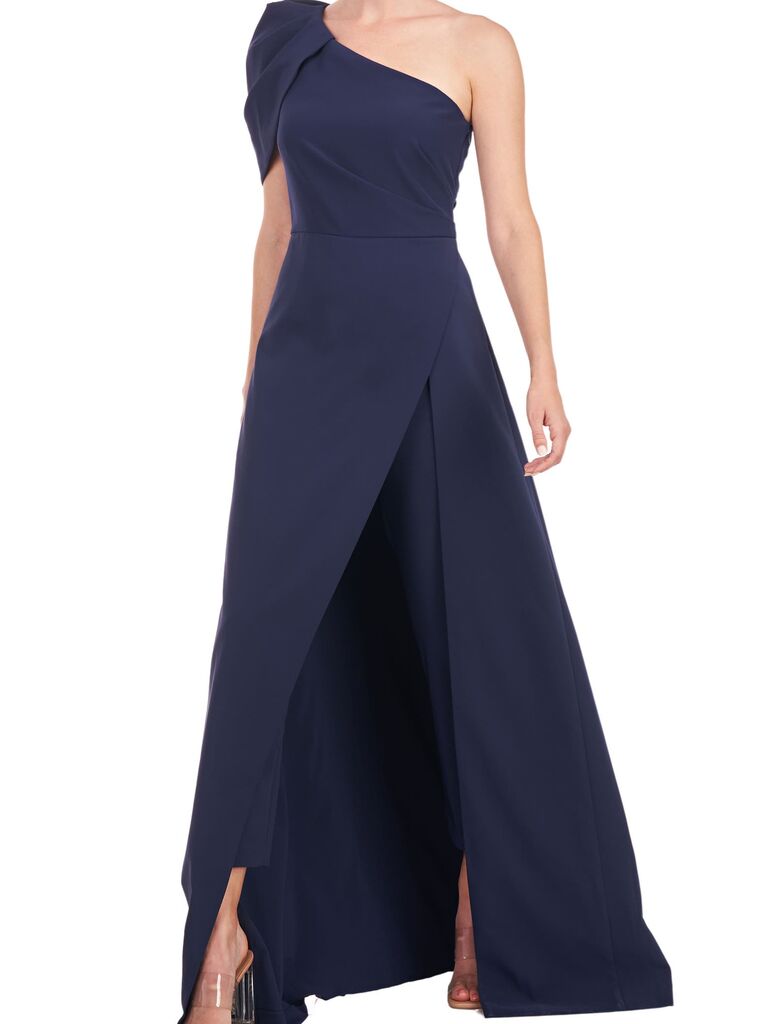 A navy one shoulder jumpsuit with draped skirt from Nordstrom