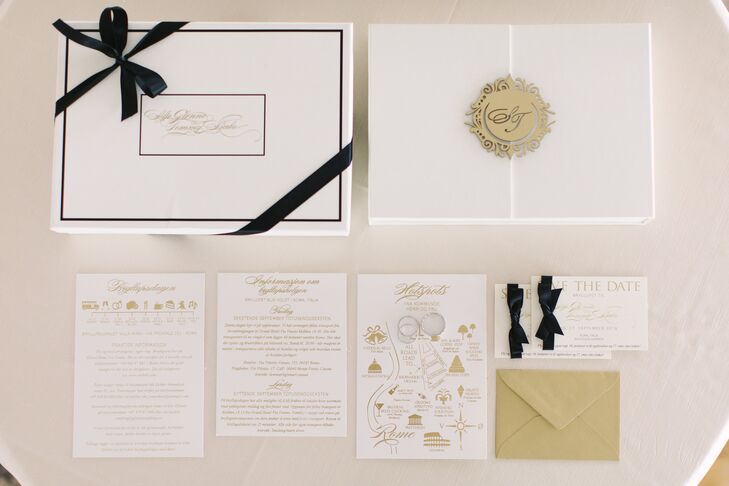 Designing wedding stationery for her clients was common practice for Silje, so creating a custom set for her own nuptials was a no-brainer. Inspired by the theme and Villa Miani’s timeless vibe, the couple chose elegant ivory card stock, which they decorated with gold script, a personalized monogram and a custom map. “I always think it’s important to feel inspired by something when you design the wedding of your dreams," Silje says. "Then it’s much easier to create a signature look for all the wedding details.”