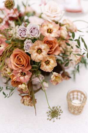 Romantic Wedding Centerpiece With Tulips and Purple Roses