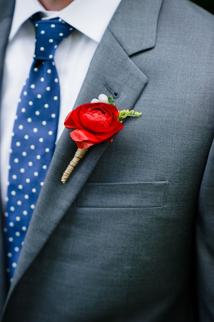Single Red Ranunculus With Fern Boutonniere