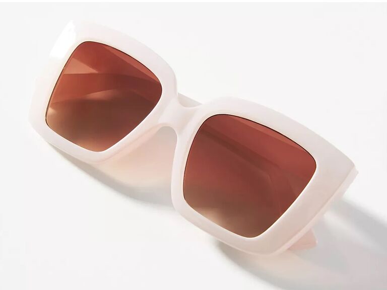 anthropologie white rectangular bride sunglasses with brown orange lenses