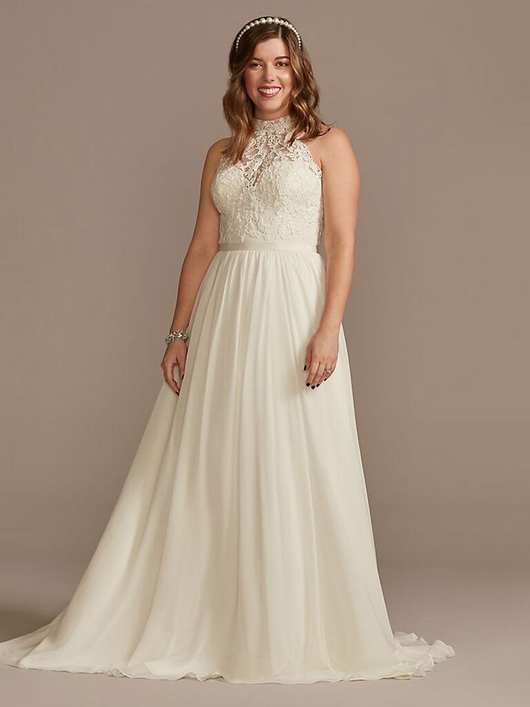 david's bridal off white chiffon lace high neck wedding dress with lace chest ribbon waist tie and plain pleated ball gown skirt