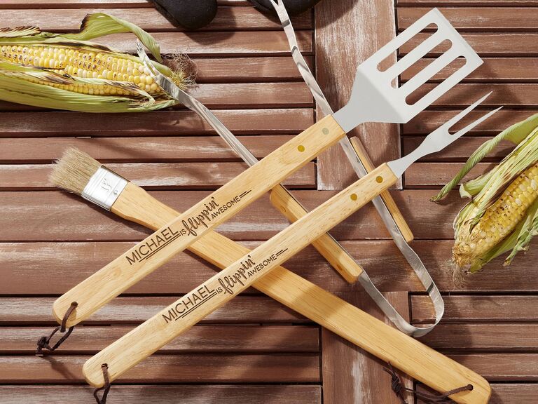 BBQ tool set engraved with name and Is Flippin' Awesome father-of-the-groom gift