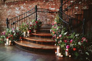 Industrial Staircase Accented with Romantic Pink Flowers, Greenery and Candles