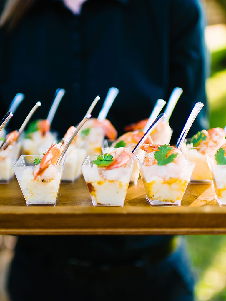 Southern wedding food idea with mini shrimp and grits