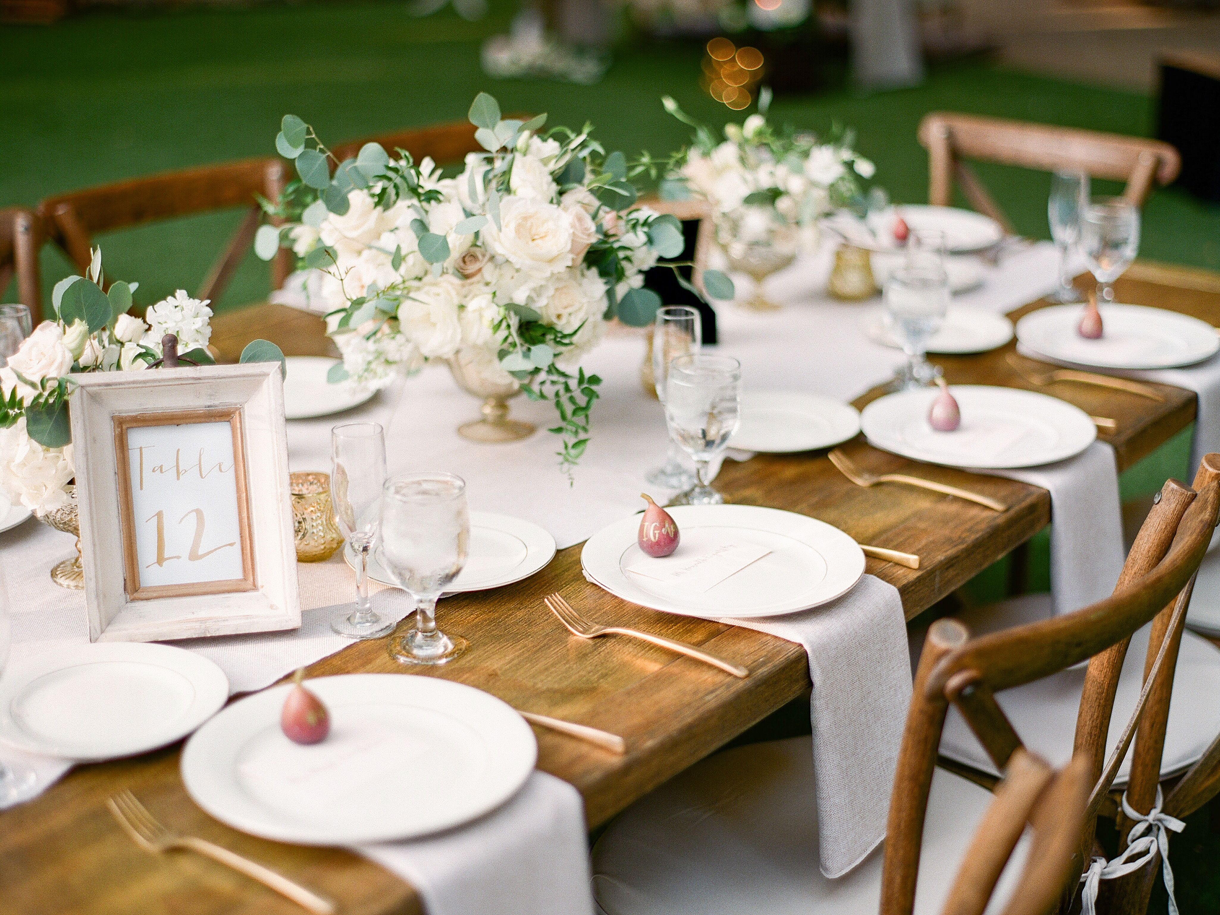 Rustic DIY Wedding Dinner. Gold & Wooden Centerpieces, by Linzi Berry