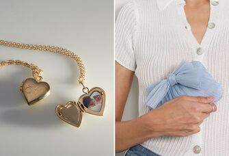 Collage of two bridal shower gifts, including a locket and a makeup bag. 
