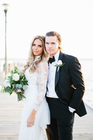 Pronovias Column Gown with Illusion Lace Sleeves and a High Neck