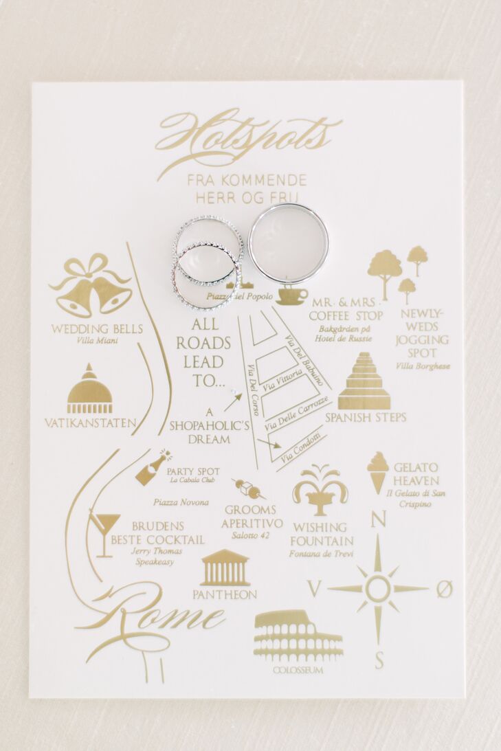 Designing wedding stationery for her clients was common practice for Silje, so creating a custom set for her own nuptials was a no-brainer. Inspired by the theme and Villa Miani’s timeless vibe, the couple chose elegant ivory card stock, which they decorated with gold script, a personalized monogram and a custom map. “I always think it’s important to feel inspired by something when you design the wedding of your dreams," Silje says. "Then it’s much easier to create a signature look for all the wedding details.”