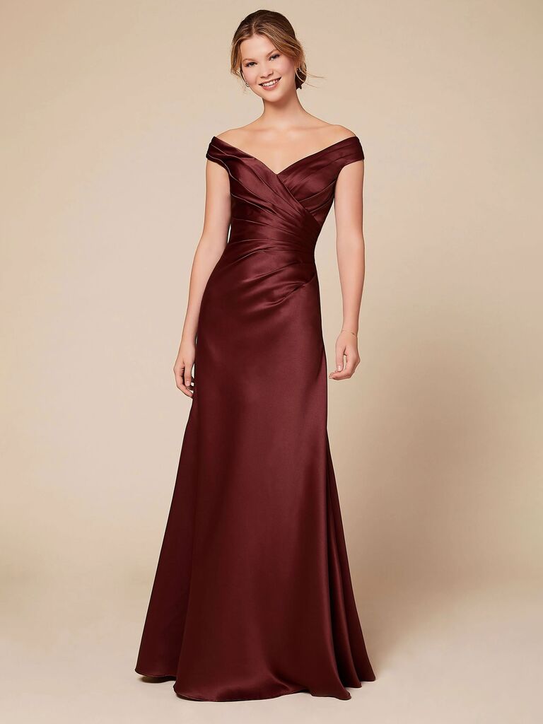 Dear Cleo fall-colored satin bridesmaid dress in wine
