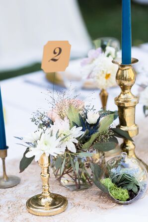 Tall Blue Candlesticks in Brass Holder