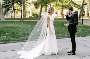 Bride in Fitted, Bateau-Neck Gown and Long Veil With Details, Groom at First Look